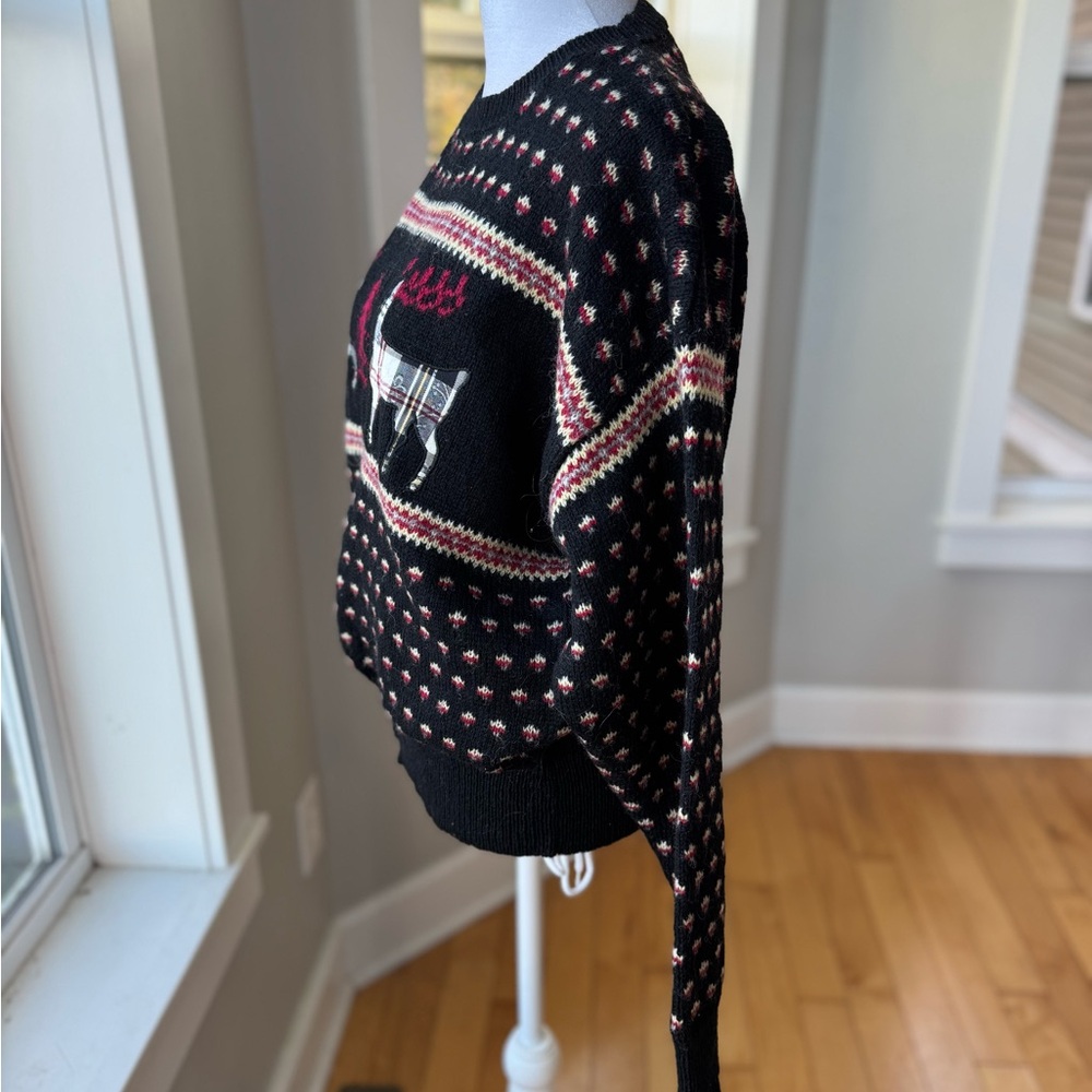 Vintage Susan Bristol Black Reindeer Plaid Wool Christmas Sweater Sz 38 Medium - Picture 3 of 11